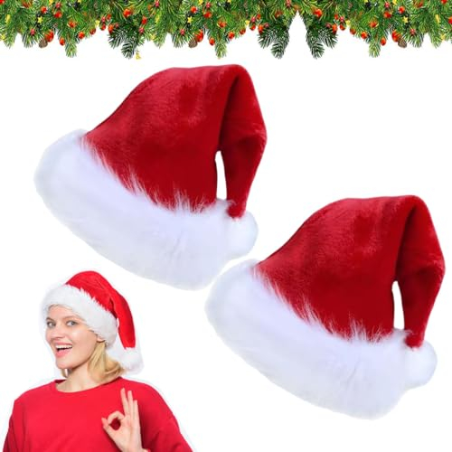 OUOQI 2 Stück Weihnachtsmützen,Rot Weihnachtsmützen Plüsch,Weihnachtsfeier Hut,Mütze Weihnachten,Nikolausmütze,Weihnachtsmannmütze Plüsch,Plüschseite Weihnachtsmann Mütz,fur alle Erwachsene