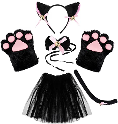 KEESIN Set di 5 guanti da gatto per cosplay, per ragazze, adulti e bambini, guanti in peluche con orecchie da gattino, coda con gonna tutù, per costume carino e adorabile per feste (nero)