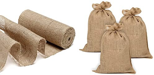 La cordeline Bande Jute Naturel +-20 cm x 10m JN28 & Lot 3 Sacs Toile de Jute, 42 x 70 cm, 220 GR/m2, 15kg - ACJN4270-L3 Naturel