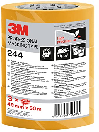 3M Pro Nastro Adesivo di Mascheratura 244, Alta Precisione, 48 mm x 50 m, 3 Rotoli/Confezione - Aualità Professionale