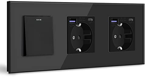 BSEED Lichtschalter mit Steckdose, Doppel Schuko Unterputz Steckdose mit USB C 20W Schnellladegerät USB Type C, 1 Fach 2 Weg Taste Schalter mit Glas Rahmen Geeignet für Phone, Pad-Schwarz