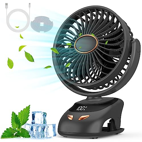 Misilmp Ventilador USB, Pantalla Digital Ventiladores de Sobremesa Silencioso 5 Velocidades Ventilador de Mesa Portatil con Clip, 90° Rotation Ventiladores para Hogar, Oficina, Campamento (Negro)