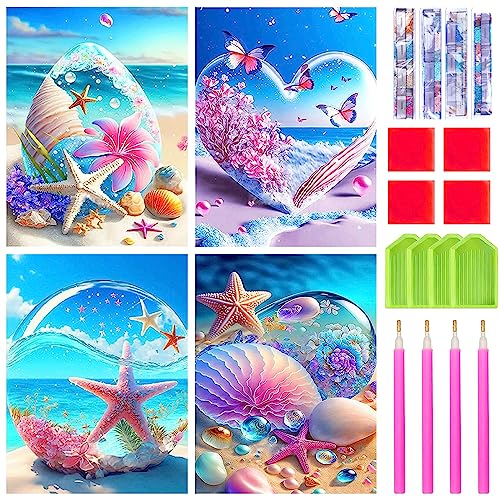 LETTERASHQP 4 Stück Diamond Painting Full Set 5D Diamant Painting Bilder Strand Muscheln Seestern Schmetterlinge DIY Diamond Painting Erwachsene Kinder für Wohnzimmer Schlafzimmer Büro Wand(30x40cm)