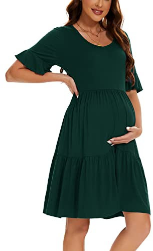 Smallshow Women's Maternity Short Sleeve Summer Dress O Neck Casual Ruffle Pregnancy Clothes Deep Green M