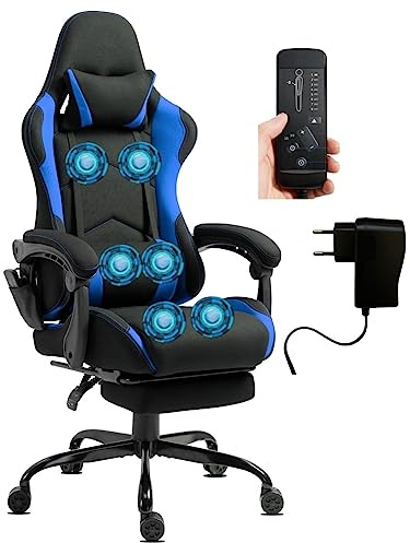 Delman Gaming Chaise Racing Chaise de Bureau Chaise d'ordinateur Fonction Massage avec 6 Points de Vibration Fauteuil de Direction Tissu Repose-Pieds Ergonomique 1036 (Blue)