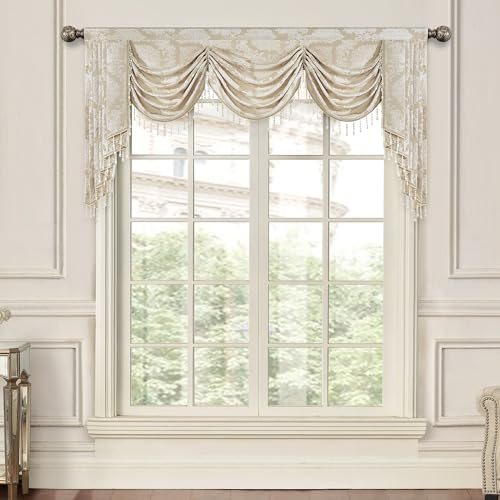 TOPLUXE Swag Volant Vorhang für Schlafzimmer Esszimmer Wohnzimmer Küche, Damast Kurzstore Waterfall Volant-Vorhang für Fenster 1 Stück (Breite 200cm, Helles Khaki)