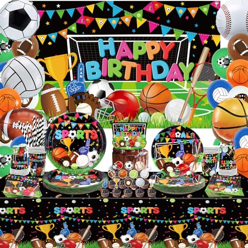 Sport-Thema Geburtstag Party-Dekorationen, einschließlich alles Gute zum Geburtstag Kulisse, Tischdecke, Geschirr und Luftballons, Fußball Basketball Fußball-Thema Party Supplies, servieren 20