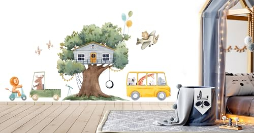 WONDER MURALS Wandtattoo Kinderzimmer Deko Mädchen Baum Groß Junge Wandaufkleber Waldtiere Tiere Wandsticker Kinder Wanddeko Babyzimmer Fuchs Hirsch Bär Igel (C)