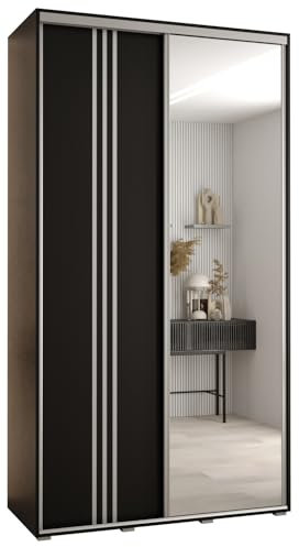 MEBLE KRYSPOL Davos 7 140 Schlafzimmerschrank mit Zwei Schiebetüren - Moderner Aufbewahrungsschrank mit Spiegel, Kleiderstange und Regalen - 235,2x140x45 cm - Schwarz Schwarz Silber