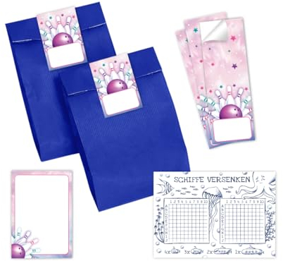 Minkocards Mitgebsel Kindergeburtstag Mädchen 12 Schiffe versenken + 12 Blöcke + 12 Geschenktüten (blau) + 12 Aufkleber Bowling Kegeln Gastgeschenke für Mädchengeburtstag
