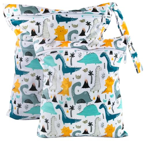 Darryy Bolsa de Pañales Impermeable, 2 Pcs Ropa Impermeable Guarderia, Humeda Bebe, para Ropa Mojada, de Tela para Muda Bebe, Wet Bag Pañales con Cremallera (Dinosaurio)