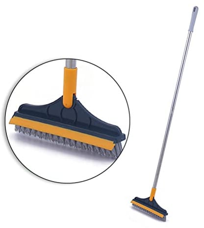 2 in 1 Floor Scrub Brush with Long Handle, Scrape and Brush Stiff Bristle Shower Cleaning Sweeping Deck Push Broom for Kitchen, Bathroom, Patio, Wall and Deck