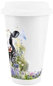 Friesian Cow Mum & Calf Ceramic Travel Mug - Black & White Cows Floral Field Reusable Silicone Lid Double-Walled Insulated Hot/Cold Drinks Tea Coffee Gift Mug