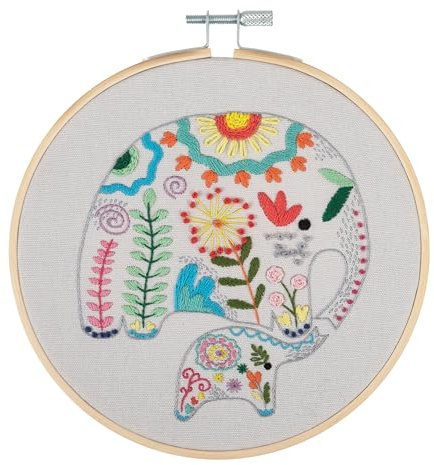 Trimits Embroidery Kits - 15cm 6 Embroidery Beginners Kit, Cross Stitch Kits for Adults, Starter Set with Bamboo Hoop, Fabric, Threads, Needle & Backing - Elephants
