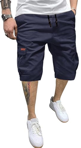 TARAINYA Cargo Kurze Hosen Herren Baumwolle Bermuda Sommer Chino Shorts Hose Herren Tunnelzug Elastische Taille mit 6 Taschen Navy Blau L
