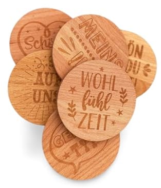 Generisch 6er set Trink Glas Deckel Holz mit Sprüchen, Untersetzer, Abdeckung, Insektenschutz, B:10cm H:1,5cm