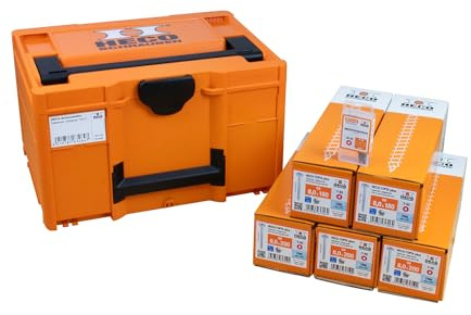 HECO Aktionskoffer Tellerkopf, HT-plus Tellerkopfschrauben 8,0 x 180, Teilgewinde, blau verzinkt, HT-plus Tellerkopfschrauben 8,0 x 200, Teilgewinde, blau verzinkt, Langbits HD-40 70mm, in