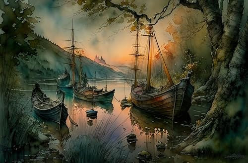 ZHAOSHAN Leinwandbilder, Poster, 58 x 90 cm, ohne Rahmen, Aquarell, Segel, Abendlandschaft