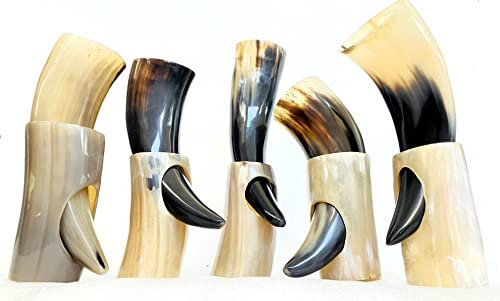 5 bicchieri in corno vichingo da 22,9 - 38,1 cm, regalo vichingo per gli uomini, 100% naturale, calice norvegese da 283,5-396,9 g, boccali da birra con supporto (XL (30,5 - 38,1 cm)