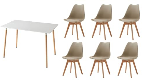 GrandCA HOME Esszimmergruppe mit 6 Stühlen, Essgruppen-Set mit 6 Esszimmerstühlen und Esstisch, für Wohnzimmer, Küche, Büro, (6 Beige Stühle + 1 Weiß Tisch)