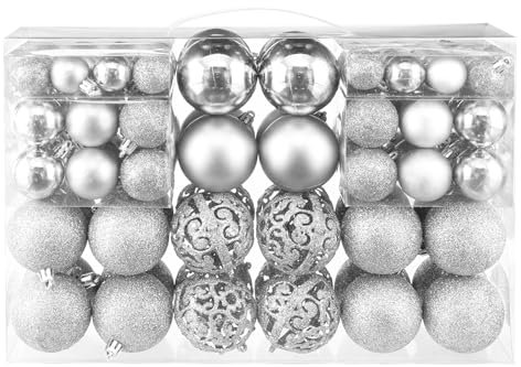 Taeku Palline di Natale Set, 100Pcs Plastica Addobbi Natalizi Palline Decorative Infrangibili Baubles di Natale con Ganci per Feste di Matrimoni e Natale (Argento)