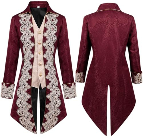 EFOGEP Herren Vintage Frack Halloween Steampunk Jacke Gothic Viktorianisch Uniform Renaissance Kutte Mantel Langarm Smoking Umlegekragen Stickerei Spitze Mittelalterlich Piraten Kostüm