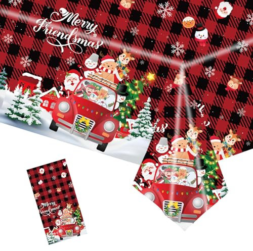 POPOYU Weihnachten Tischdecke, Kariertes Auto Weihnachtsläufer Rechteckige 137x274cm, Weihnachtstischdecke Xmas Wasserabweisend Tischtuch Tischläufer für Weihnachts Party Küche Tischdekoration