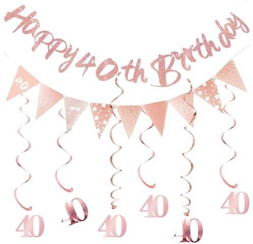 ALEGRE Deko 40 Geburtstag Frau,Girlande 40 Geburtstag Deko Spirale Set,Luftschlangen 40 Geburtstage Frauen Deko,Banner 40. Geburtstage, Spiralen Geburtstagsdeko 40 Jahre,40er Geburtstags Deko Roségold