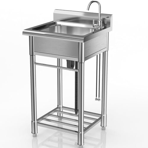GWFBLID Fregadero Independiente de Acero INOX 1 Seno, Fregadero de Cocina Comercial con Grifo, Fregadero Exterior con Grifo, Fregadero Industrial para Cocina, Garaje, Restaurante, Jardín