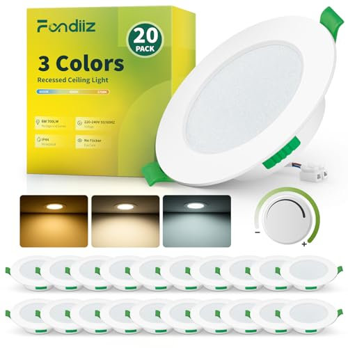 Fondiiz 20er Set LED Einbaustrahler 230V Dimmbar, 6W 700LM LED Spots Warmweiß 2700K Neutralweiß 4000K Kaltweiß 6000K, IP44 Deckenspots LED 98mm für Badezimmer Wohnzimmer Küche, Weiß