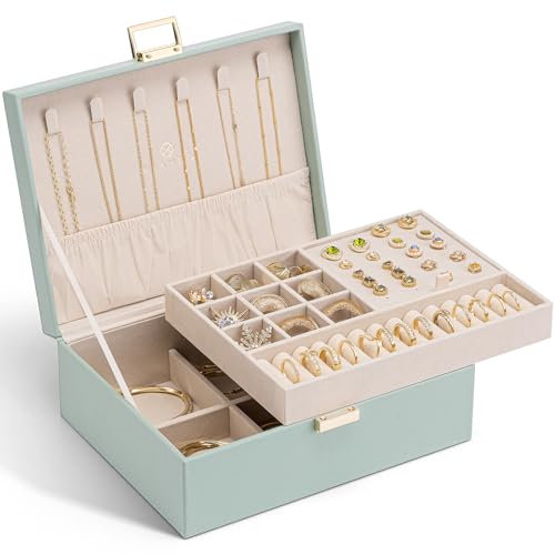 Vlando Schmuckkästchen 2 Ebenen, Schmuckaufbewahrung Box Groß, Schmuckkasten für Damen Mädchen, Abnehmbares Schmucktablett für Ringe, Ohrringe, Halsketten, Geschenk für Frauen, Hellgrün