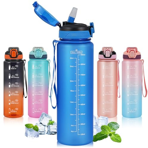 SEASEVEN 1L Water Bottle with Straw,Plastic Drinks Bottle,1 Litre Sports Water Bottles with Time Markings,Girls Boys Waterbottle Leak-Proof & Bpa-Free for Gym,Cycling, Office (Blue)