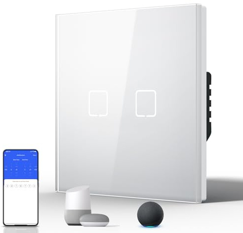 BSEED Smart Touch Lichtschalter,Glas Schalter Unterputz,Wandlichtschalter mit LED Hintergrundbeleuchtung,Neu E-Serie,16A 250V,2 Fach 1 Weg,86mm Weiß