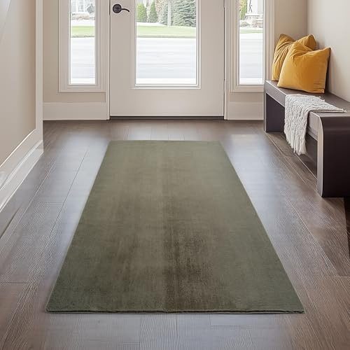 Carpetsale24 Kurzflor Teppich Läufer Flur 80 x 150 cm Grün - Teppich Waschbar, rutschfest, Weich, modern einfarbig Design - für Wohnzimmer, Schlafzimmer, Küche, Esszimmer