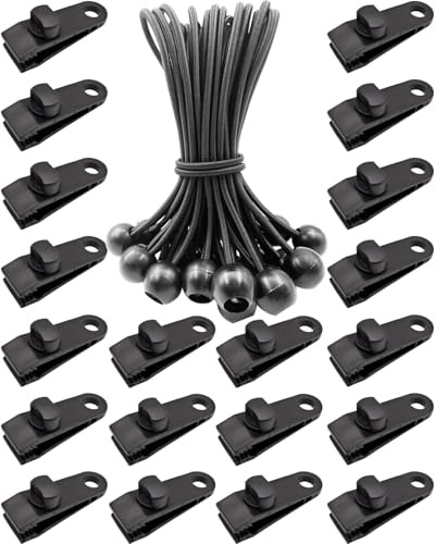 BINCKIN 40 Pcs Heavy Duty Tarp Clips with Bungee Cord Balls, Lock Grip Secure Clamps for Tent, Canopy, Awning & Camping Gear (Black)