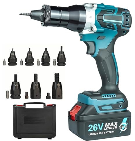 LADECNERHT Pistola per Rivetti a Batteria Elettrica Rivettatrice Kit Pistola Commutazione Manuale/Automatica per Inserti Filettati M3-M4-M5-M6-M8-M10-M12