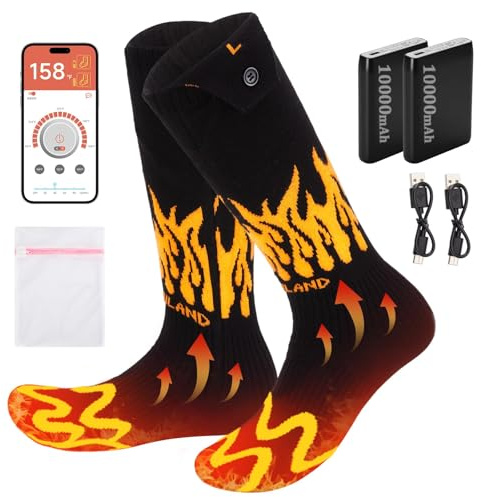 CAMULAND Beheizbare Socken mit App-Steuerung und 10000 mAh Akku für Männer und Frauen, wiederaufladbare Heizsocken, 4-stufig einstellbare Beheizte Socken für Skifahren, Jagen, Camping, Eisfischen, L