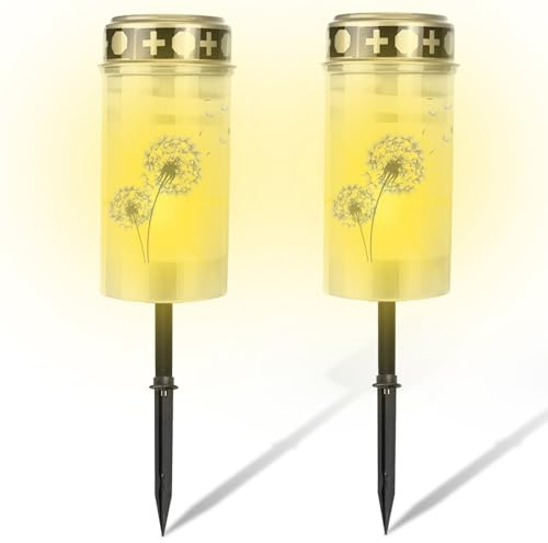 VEGOATY 2 Solar Grabkerze LED Wetterfest Mit 4 Aufkleber: Wasserdichte Flammenlose Grabkerzen-Gedenkkerze, Weiße Flackernde LED Grablichter Für Draußen Grabschmuck Wetterfest Mit Erdspieß (Löwenzahn)