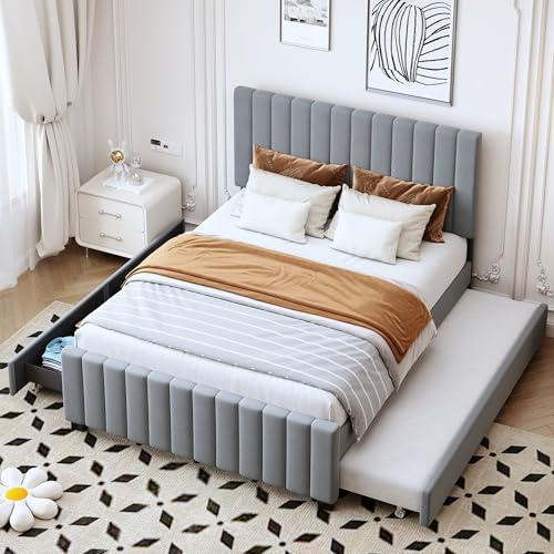 Polsterbett mit Ausziehbett 2 Schubladen Einzelbett mit Holz Lattenrost Familienbett für Erwachsene Jugendliche Samtstoff Gästebett ohne Matratze Grau 140x190 cm