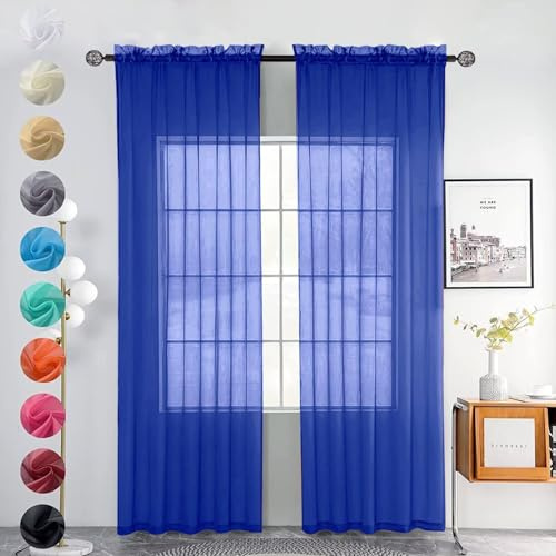 Youleyar 2 Set Sheer Transparente Gardine aus Voile Polyester Stab-Taschenfenster Transparent Vorhänge Wohnzimmer Dekoration für Schlafzimmer W140 X H175 cm Blauer Saphir