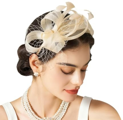 ALMLWIAJ Fascinators for Wedding Elegante Damen Fascinator, Headpiece mit Federn und Schleier, Haarschmuck für Hochzeiten Pferderennen Royal Ascot, Brautmoden Accessoire für Mädchen & Frauen