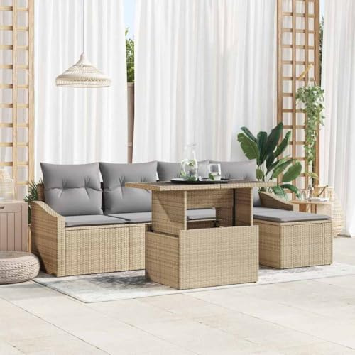 LoogCape Garten-Sofa-Set mit Kissen, 6-teilig, Beige Hellgrau Poly-Rattan, Modular, Höhenverstellbarer Tisch, Stauraum, für Terrasse und Balkon