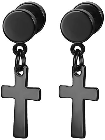 JewelryWe Schmuck Herren Damen Ohrringe, Edelstahl Kreis Runde Ohrstecker Ohrhänger mit klassischem Kreuz Anhänger, Schwarz