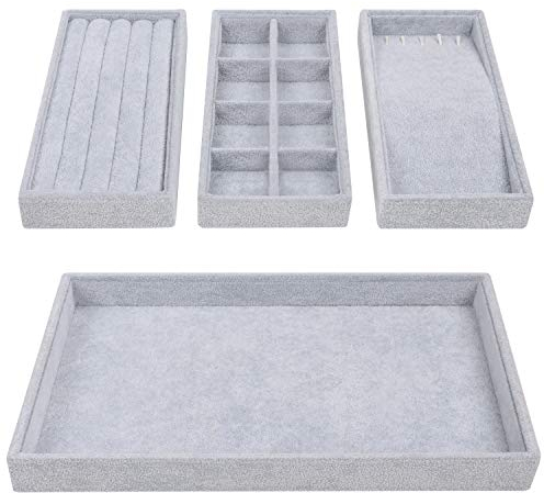 BELLE VOUS Schmucktablett Grauer Schubladeneinsatz Schmuck (4er Pack) - 35,3 x 24,2 cm - Schmuck Aufbewahrungssystem - Abnehmbare Abschnitte für Halsketten, Ringe, Armbänder & Ohrringe