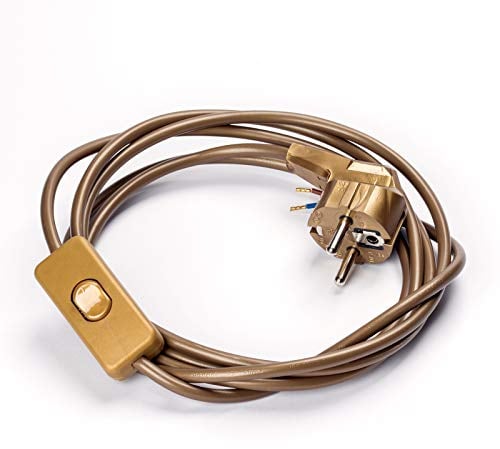 Netzkabel Schuko Stecker an offenes Ende m. Schnurschalter Kabel Schalter Anschluss Zuleitung (3,1m, gold)