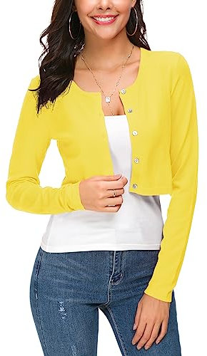 Mujeres Casual Manga Larga Bolero Cuello Redondo Corta Cárdigan Elástico Suéter de Punto Shrug con Botones (S, Amarillo Limón)