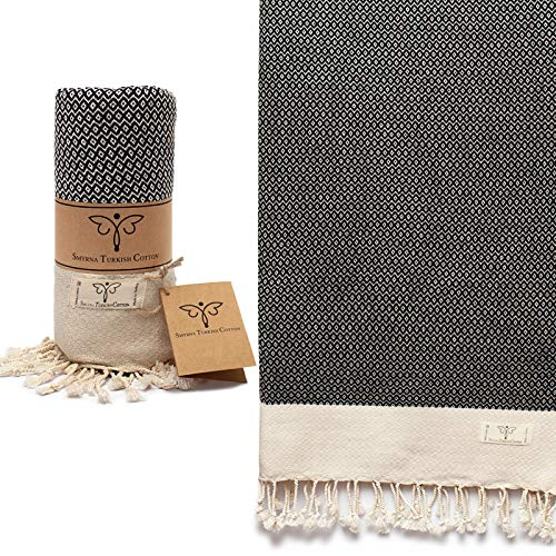 Smyrna Strandtuch aus türkischer Baumwolle Vintage | 180 x 90 cm | Beste Qualität aus 100% türkischer Baumwolle | Extra großes, türkisches Badetuch | Schrumpft Nicht| Premium Luxus - Schwarz