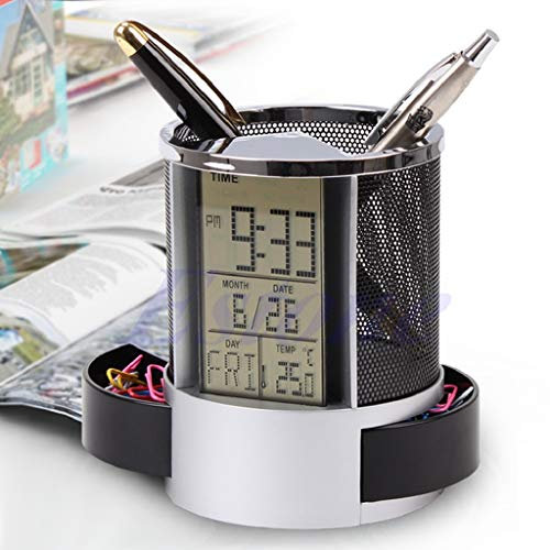 NAIXUE Multifunctional Steel Mesh Perpetual Calendar Pen Holder,Digital LCD Desk Alarm Clock & Mesh Rulers Pen Pencil Holder Time Temp CalendarSchool Supplies, Pen Holder