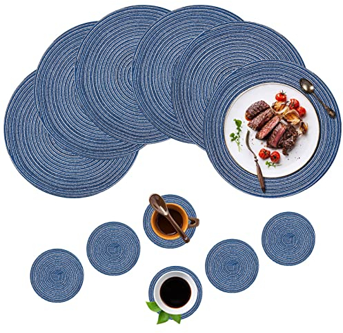 Cerolopy 12Pcs Round Place Mats Set of 6, Durable Nordic Style Hemp Cotton Threaddining Placemats for Home Kitchen, Dining Table, Outdoor, Christmas Party(6 Placemats+6 Coasters, Blue)