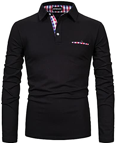 APAELEA Men's Long Sleeve Polo Shirt Casual Rugby Shirts with Plaid Down Collar,Black,XL
